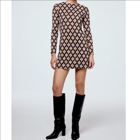 Zara Jacquard Knit Brown Geometric Retro Print Mini Shift Dress Size Small NWT - Picture 2 of 15